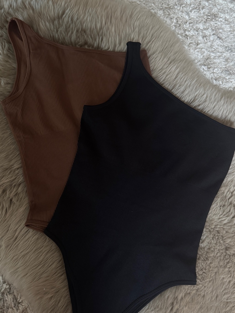 Ribbed One-Shoulder Bodysuit Bundle - Black and Brown